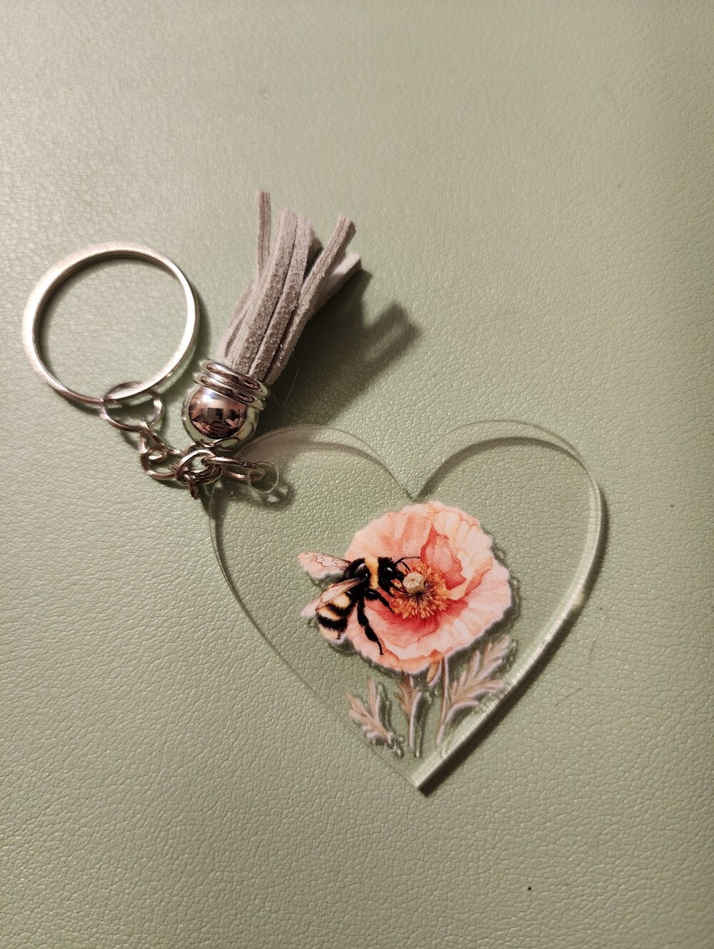 Heart Acrylic Keychain with Pink Flower and Bee Tassel